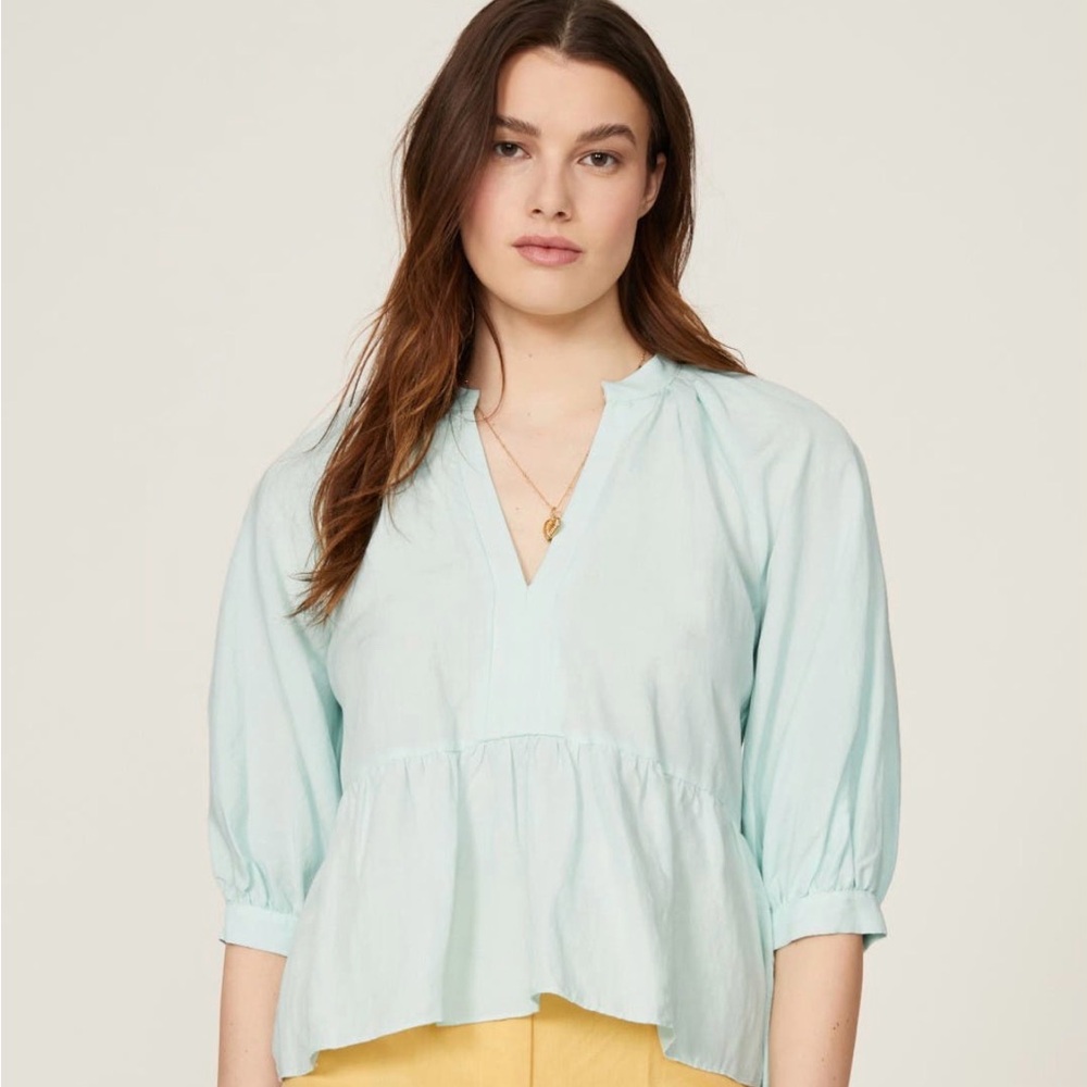 Amanda Uprichard Diego Top Linen Blend Peplum Puffed Sleeves Medium Pale Mint